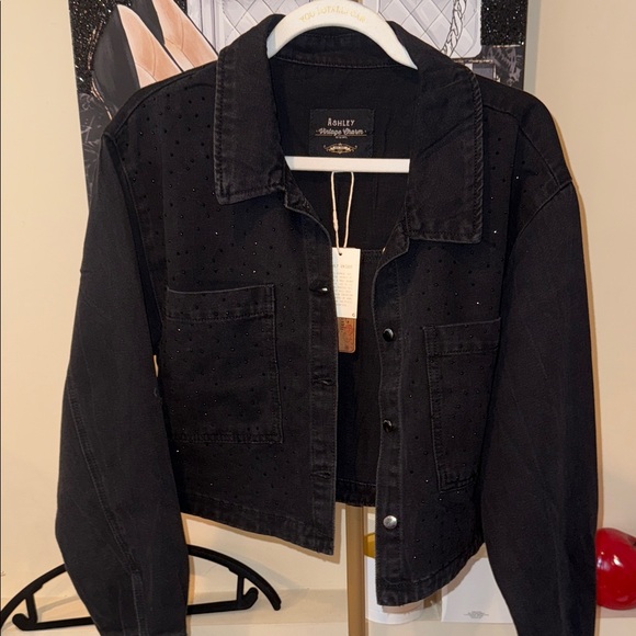 Ashley vintage charm  Women's Black Denim Jacket with black crystal Accents - Picture 1 of 4